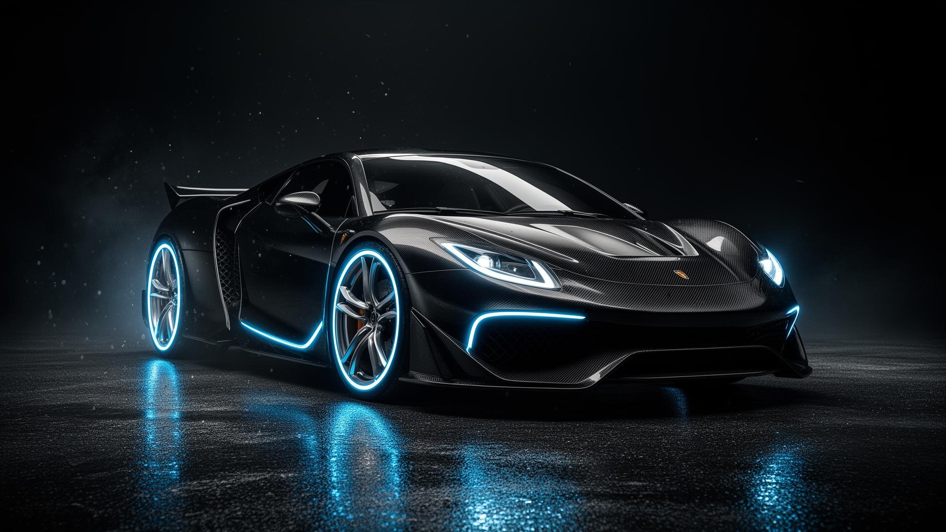 Cinematic luxury sports car with electric blue lighting