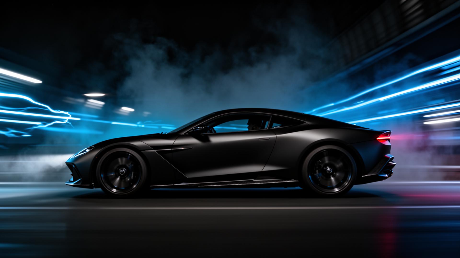Luxury supercar racing through neon-lit tunnel
